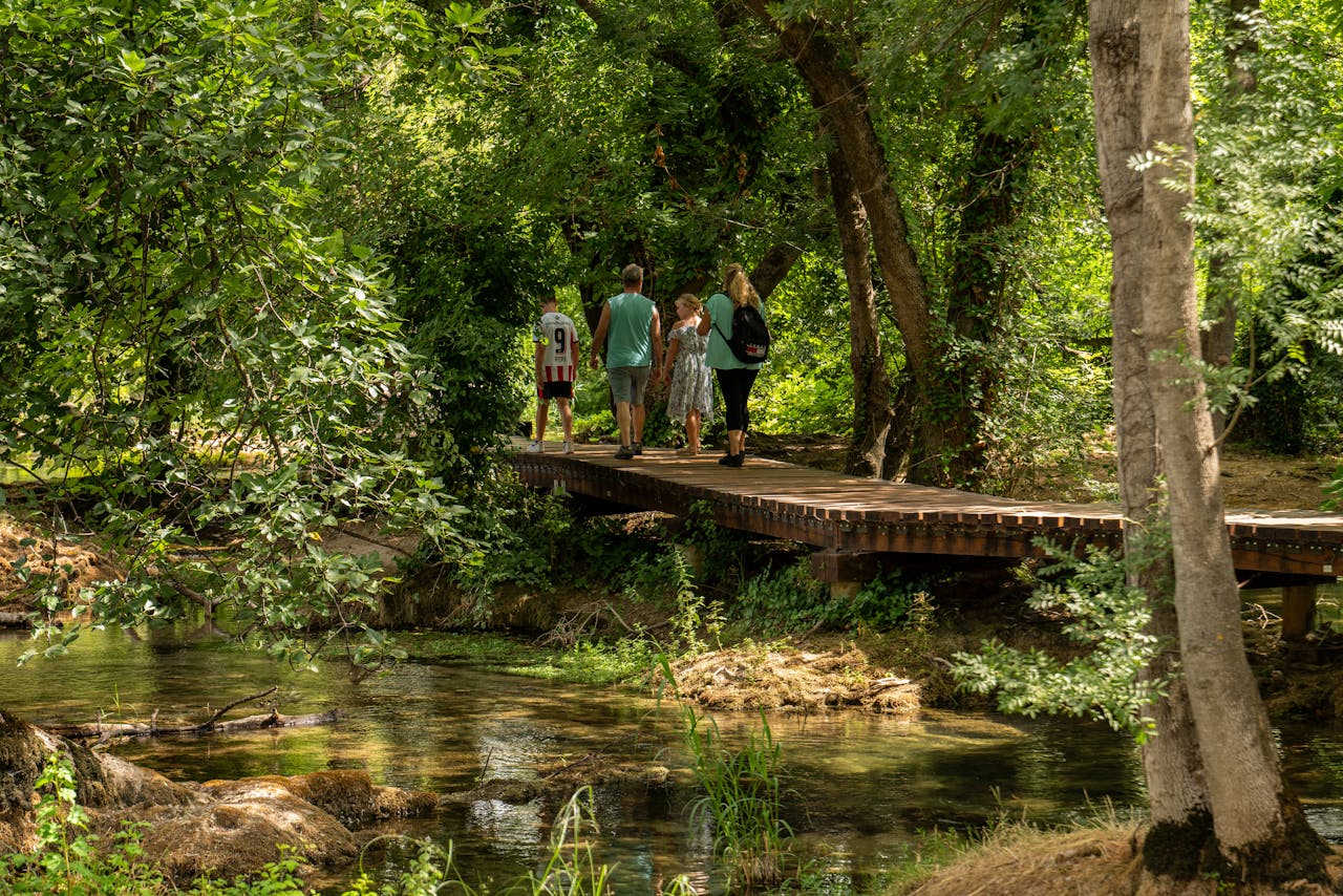 Home A family strolls across a wooden bridge in a lush Croatian forest, reflecting summer outdoor adventure.